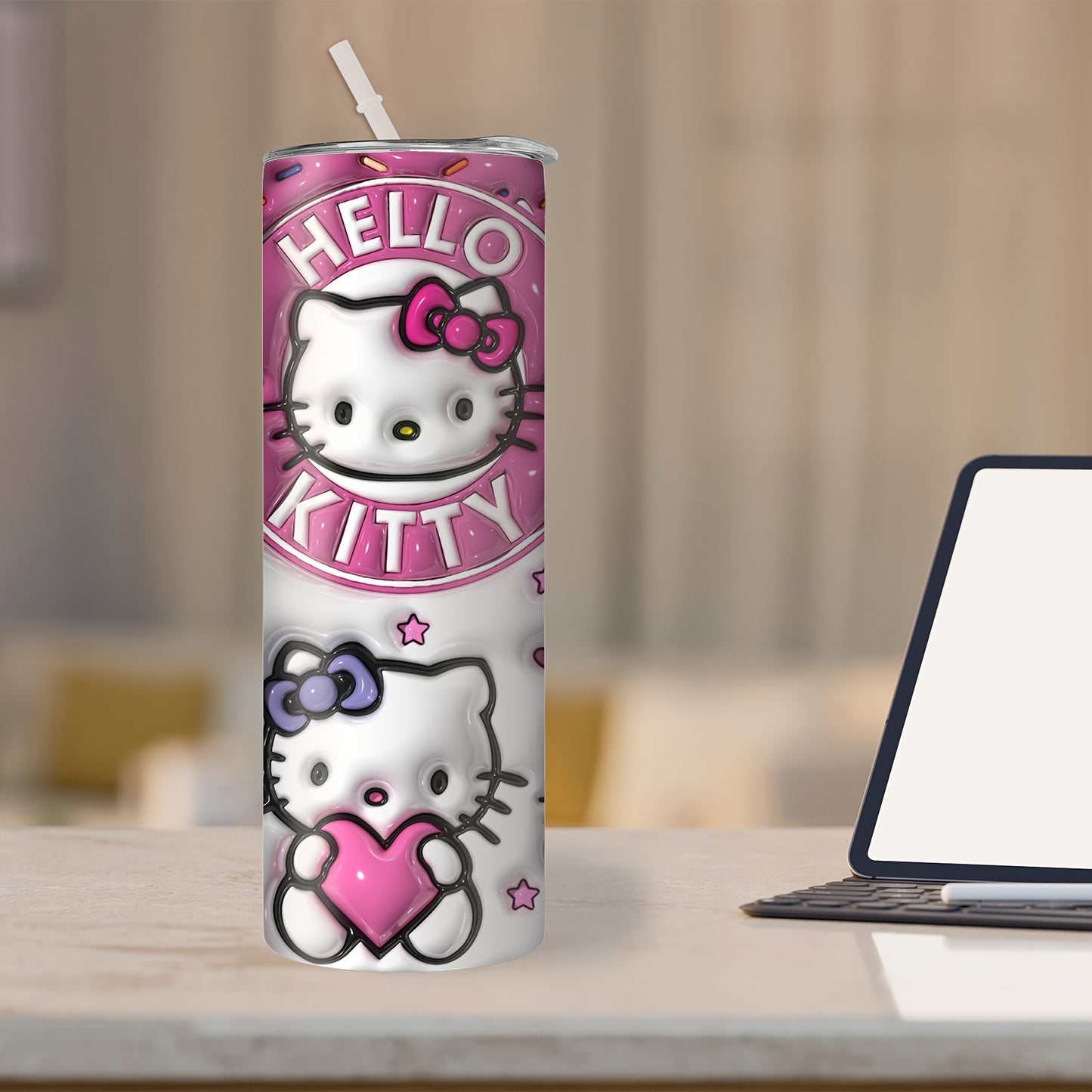 A 20oz stainless steel water bottle with a cute Hello Kitty design, suitable for various beverages.