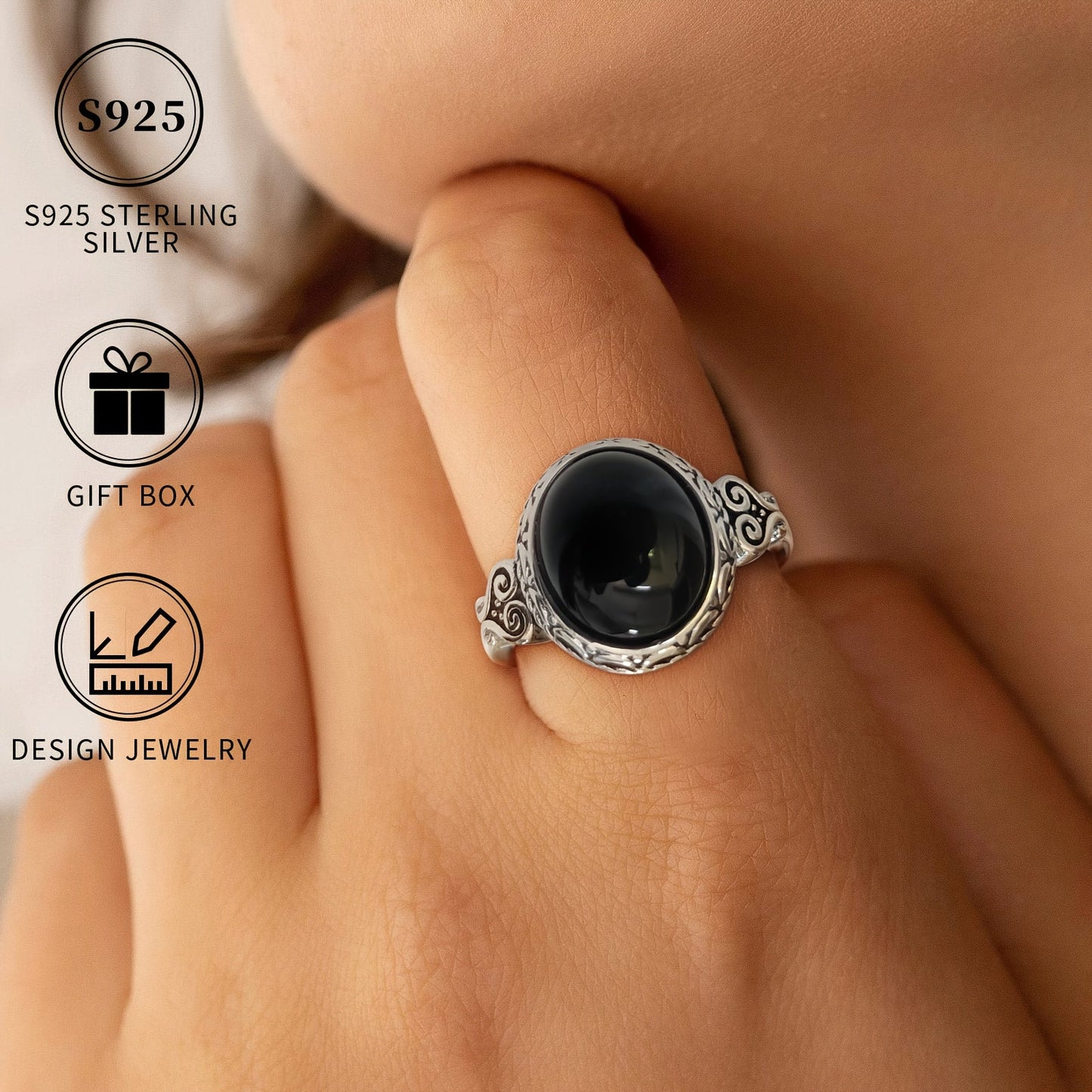 A beautiful S925 sterling silver ring featuring a black agate stone, perfect for women. Hypoallergenic and nickel-free, this ring showcases a heart vine pattern in a Victorian vintage style. Crafted with high-quality materials, it is suitable for daily