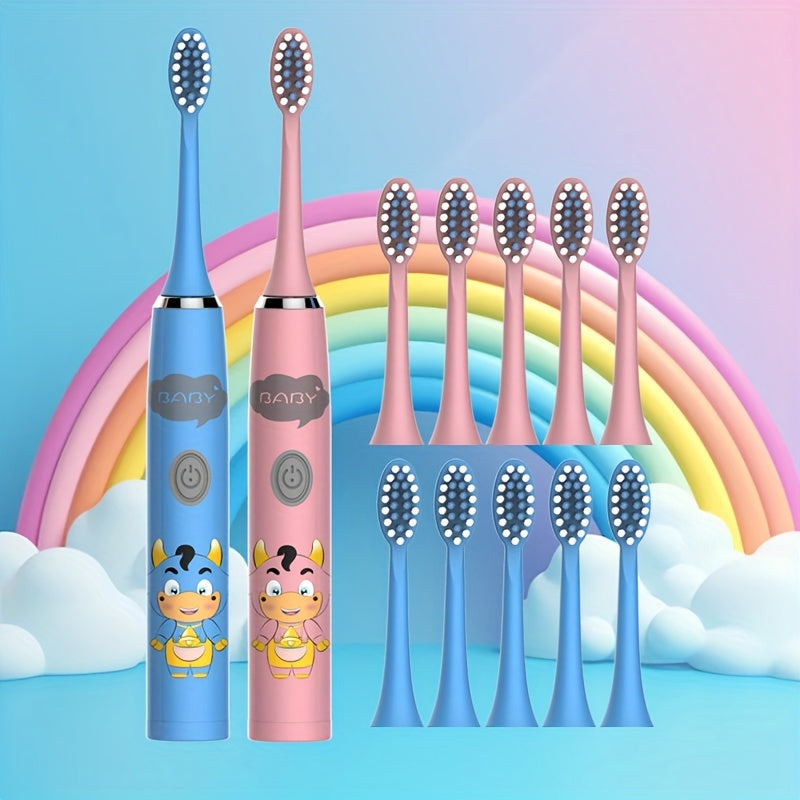 2 Electric Toothbrushes with battery-powered cartoon style and replaceable ultra-soft bristles. Includes 2-12 brush heads and a 2-minute smart timer for effective dental plaque cleaning