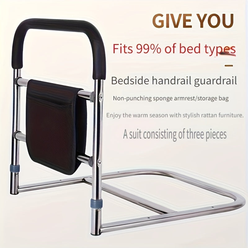 Adjustable stainless steel bed rail for elderly, fits most beds.