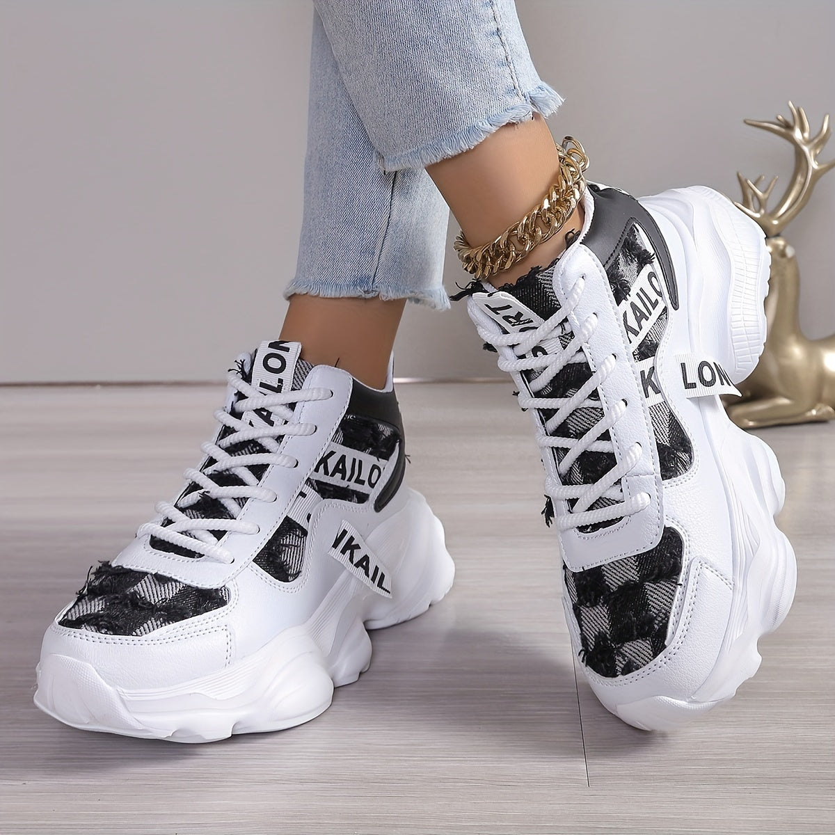 Women's high-top fashion sneakers with lightweight EVA sole, breathable fabric upper, and comfort insole.