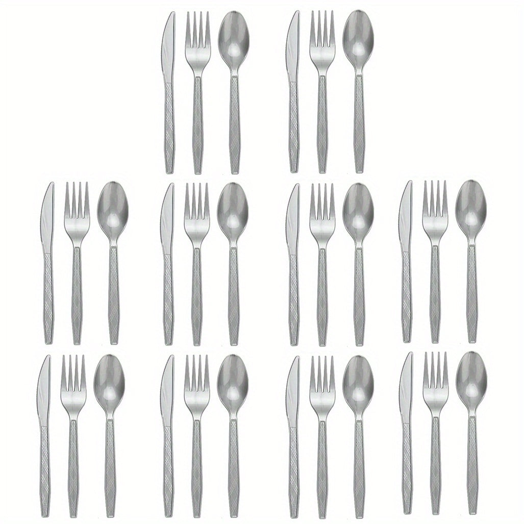 Set of 3 colored disposable plastic tableware pieces for weddings, birthday parties, and cake servings. Includes knives, forks, and spoons (30 pieces total).