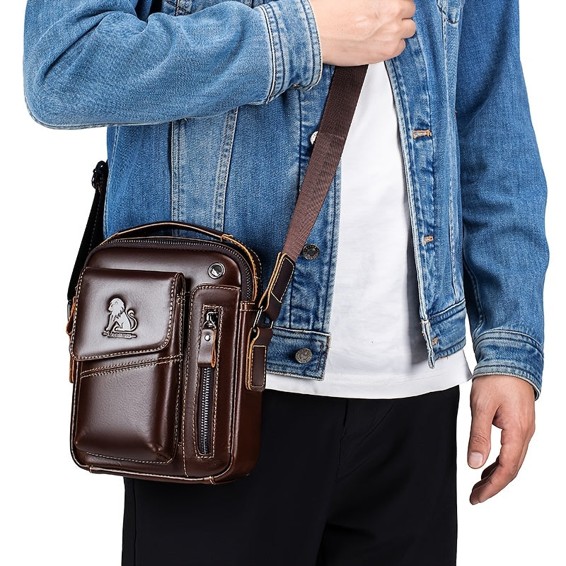 Fashion Genuine Leather Men's Crossbody Bag with Adjustable Shoulder Strap, Multi-Compartment Design, Zipper Closure - Dark Brown, Non-Washable for Outings.