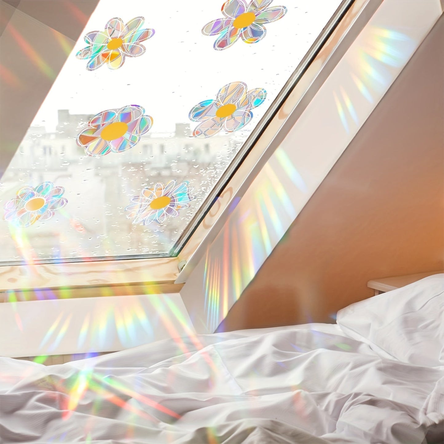 Dazzling Rainbow Prism Window Decor - Set of 10 Daisy Suncatcher Clings, Reusable Vinyl Stickers to Prevent Bird Strikes, Perfect for Home and Garden Accents