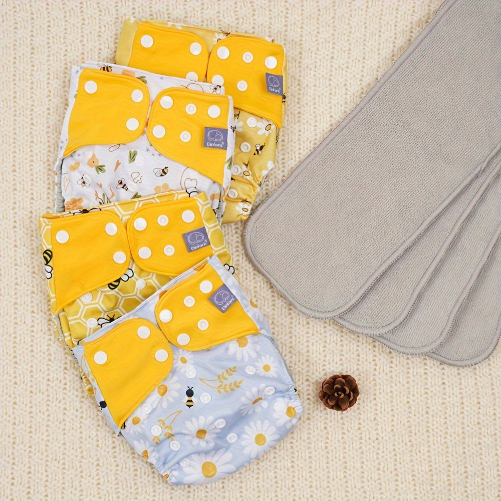 Set of 4 Waterproof Washable Cloth Diapers with 4 3-Layer Microfiber Absorbent Inserts included.