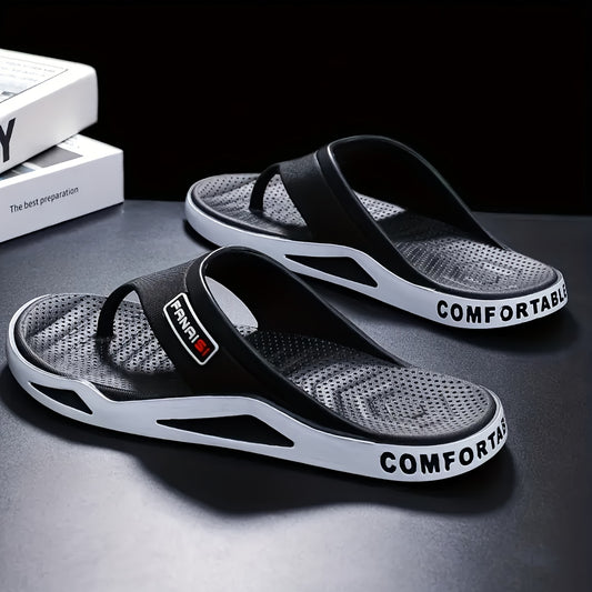 Breathable, non-slip plus size men's fashion flip-flops with color block design, branded for casual wear.