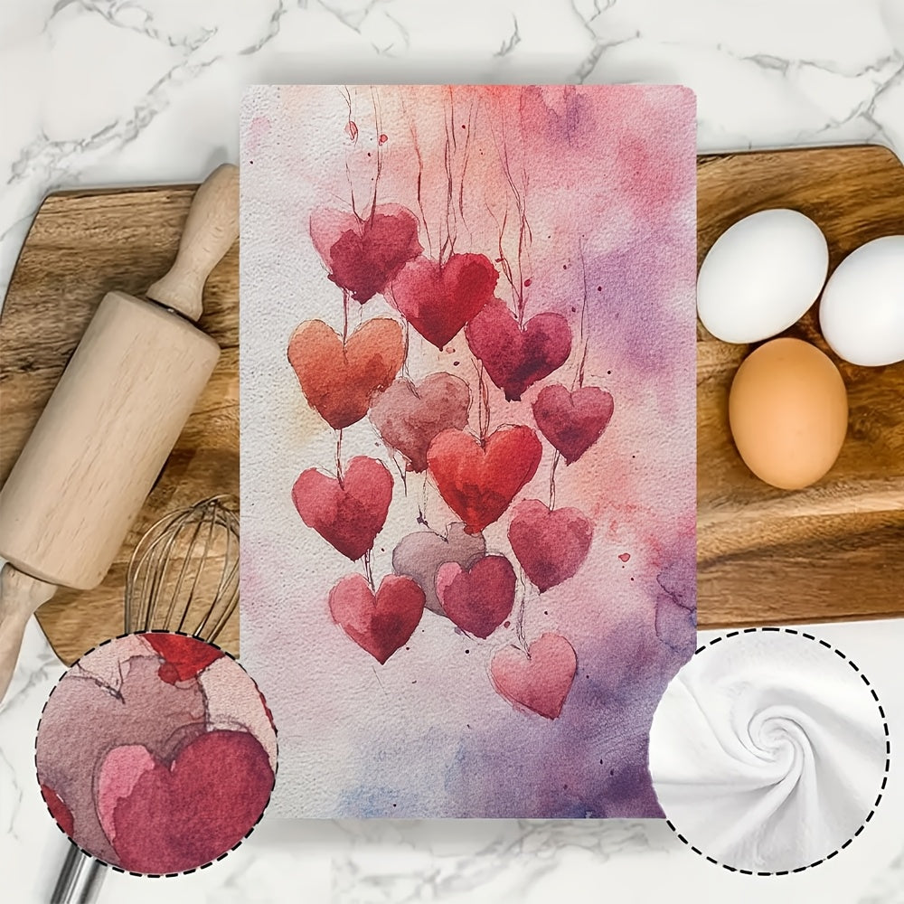 2 pieces of ultra soft kitchen towels featuring a Valentine's Day heart design. These highly absorbent and machine washable dish hand towels showcase romantic pastel hearts with balloons. Each towel measures 40.64x60.96 cm, making them perfect for