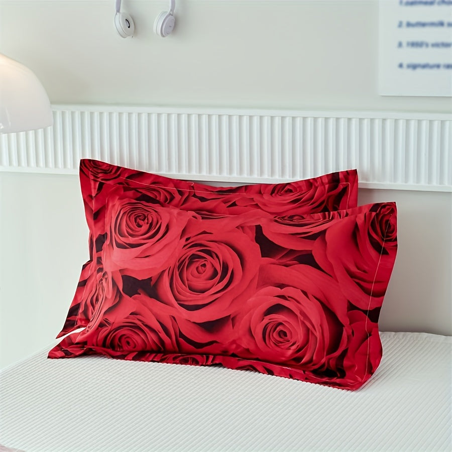 Set of 3 Duvet Covers, featuring a Romantic Red Rose Print, suitable for all seasons. This Soft, Comfortable and Breathable Bedding Set is perfect for the Bedroom or Guest Room. Includes 1 Duvet Cover and 2 Pillowcases, Core not included.