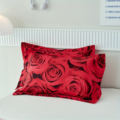 Set of 3 Duvet Covers, featuring a Romantic Red Rose Print, suitable for all seasons. This Soft, Comfortable and Breathable Bedding Set is perfect for the Bedroom or Guest Room. Includes 1 Duvet Cover and 2 Pillowcases, Core not included.