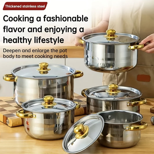 Set of 10 Stainless Steel Soup Pots with Gold-Plated Double Handles, Long-Lasting Cookware Finish, Must-Have Kitchen Items