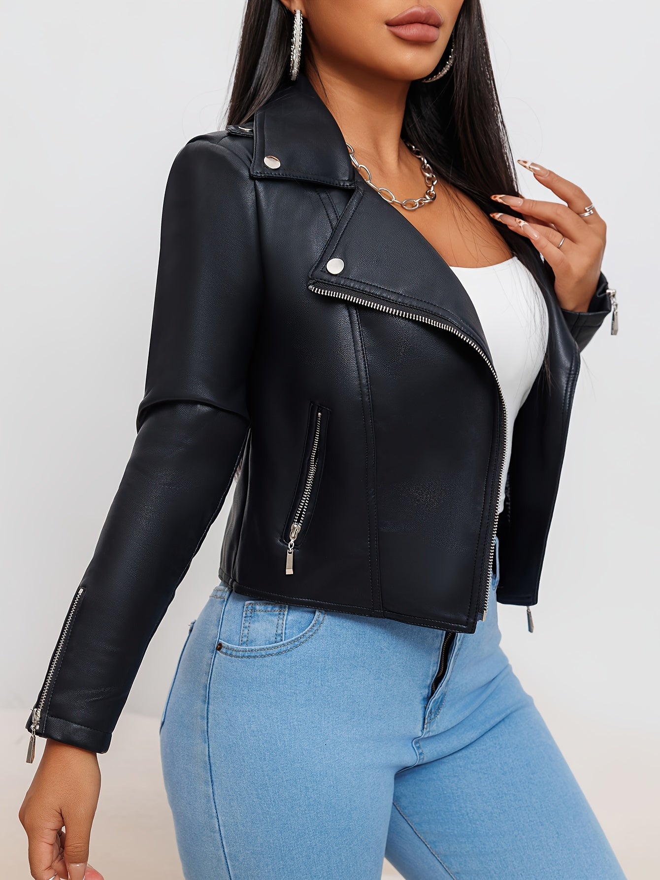 2024 Women's Fashion Faux Leather Biker Jacket, Slim Fit, Solid Color, Zipper Front, Long Sleeve, Spring/Autumn, Pockets, Commuter Style