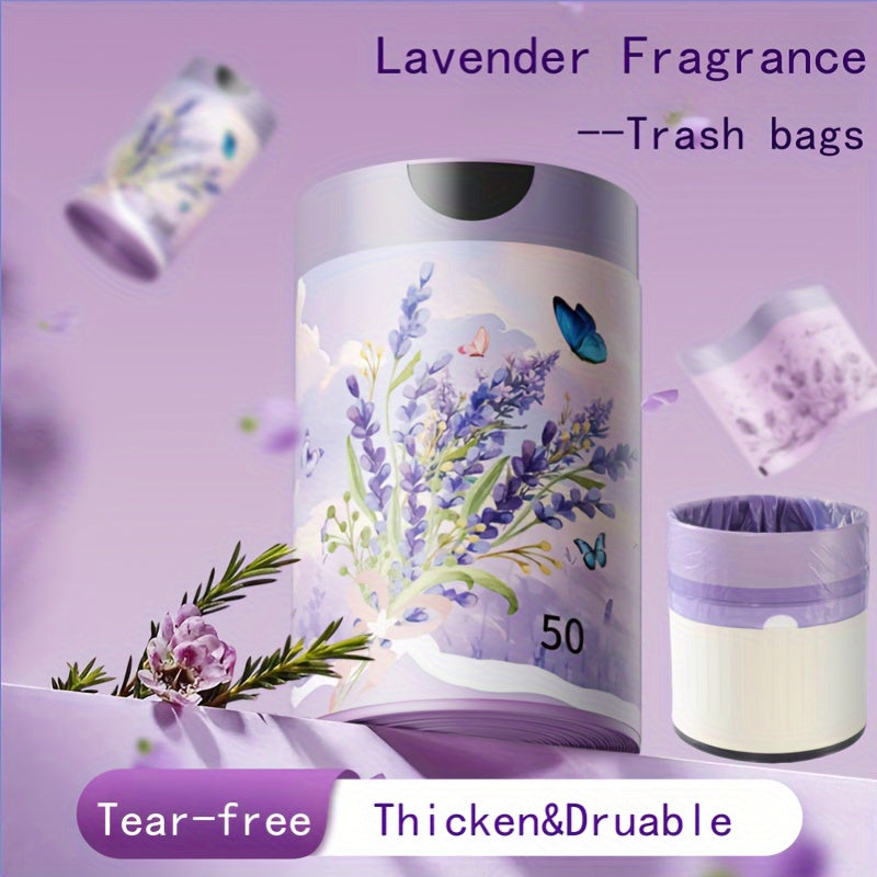 Thick Lavender-Scented Drawstring Trash Bags, 15.14 L - 50pcs, for Kitchen, Office, Home & Dining Room - Multipurpose Disposable Bags with Automatic Closing, Portable - 1 Roll