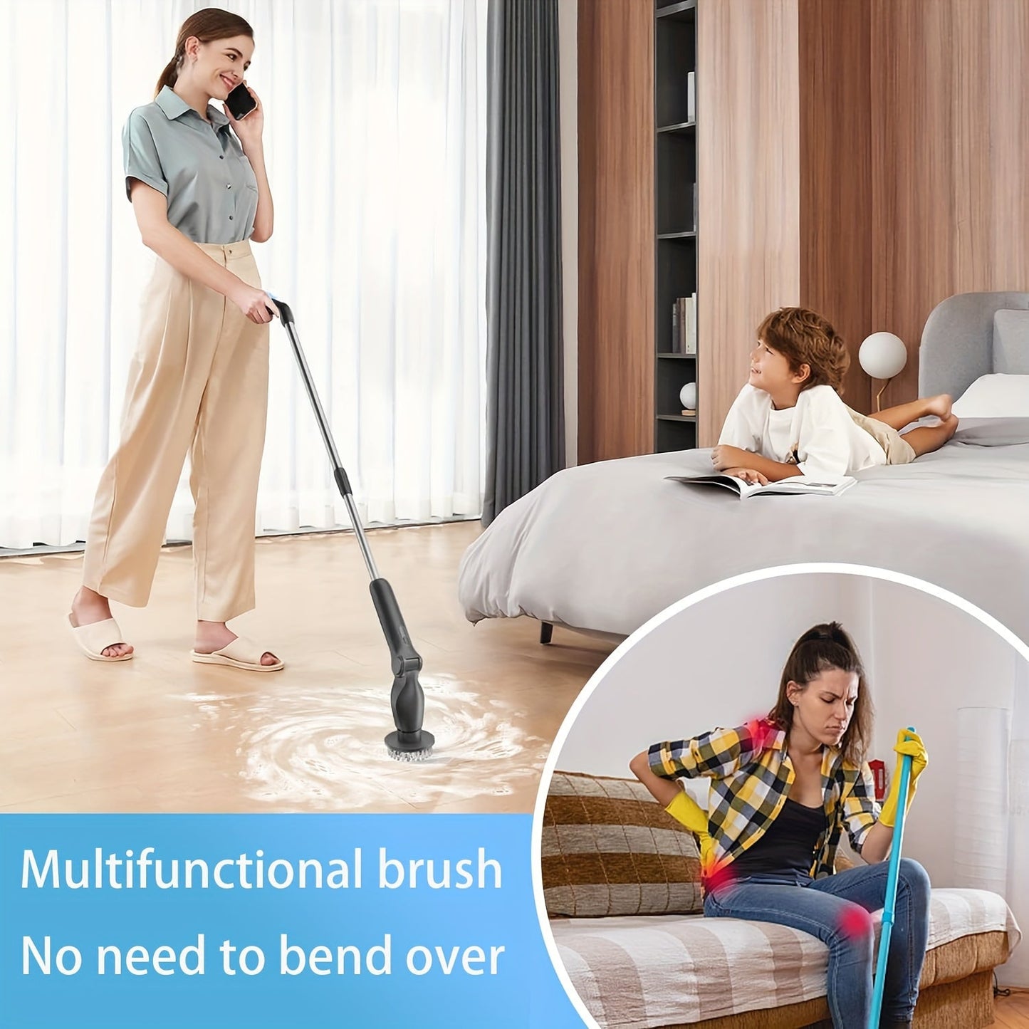 Great for cleaning tiles, bathrooms, floors, and showers, this rechargeable cordless electric spin scrubber comes with an extendable arm and interchangeable heads.