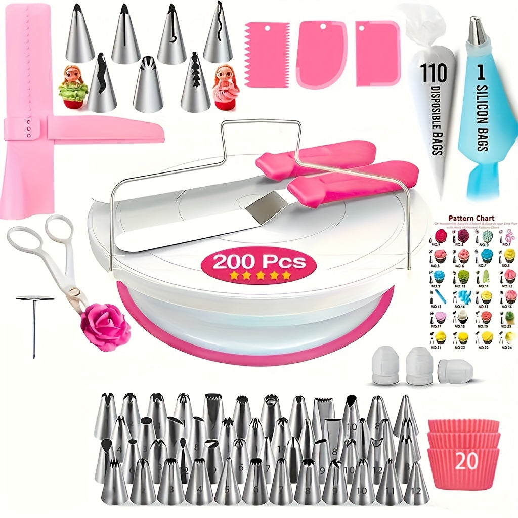 Deluxe cake decorating kit includes 200 pieces with pink turntable, silicone piping tips, reusable bags, and more. Perfect for DIY baking and cake design with food-safe plastic supplies.