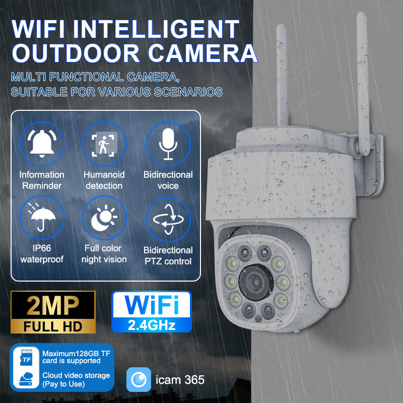 A high-quality wireless outdoor security camera for home protection, featuring 1080p HD resolution, full color night vision, two-way audio, smartphone app control, motion and audio alerts. This camera offers panoramic surveillance with 355° horizontal