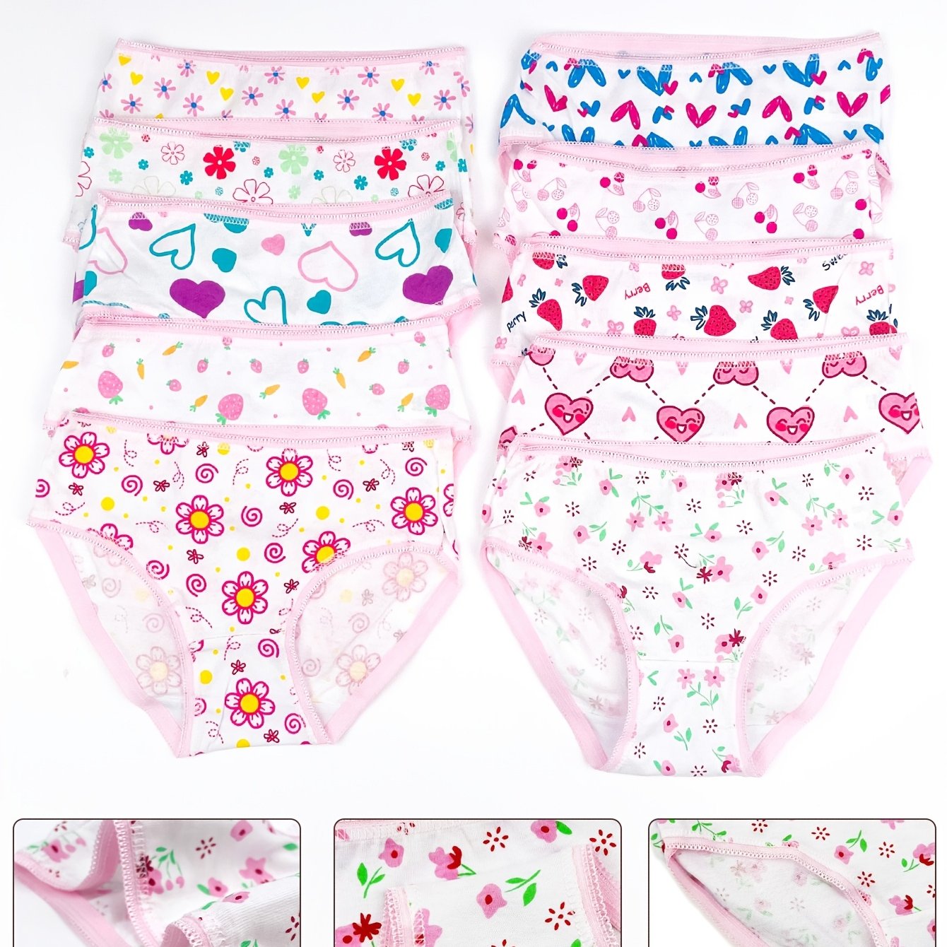 6 girls' cotton panties with love & floral patterns, soft lace underwear