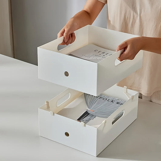 Set of 4 Japanese-inspired plastic storage bins that can be stacked and have snap closure lids. Easy to install on walls, these trendy bins are ideal for organizing your kitchen cabinets or desktop.