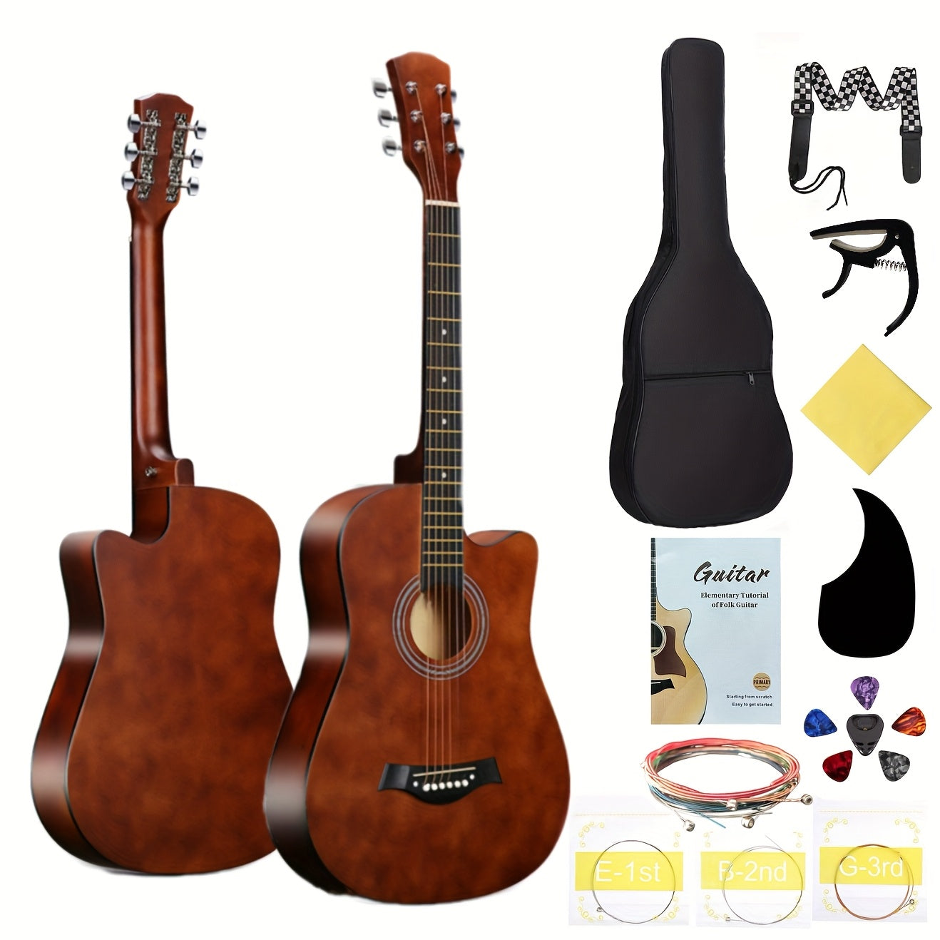 38-Inch Acoustic Guitar Starter Kit for Beginners, Includes Backpack, Strap, Capo, Picks, Picks Case, Strings, Cloth, Stickers, and Instructions.