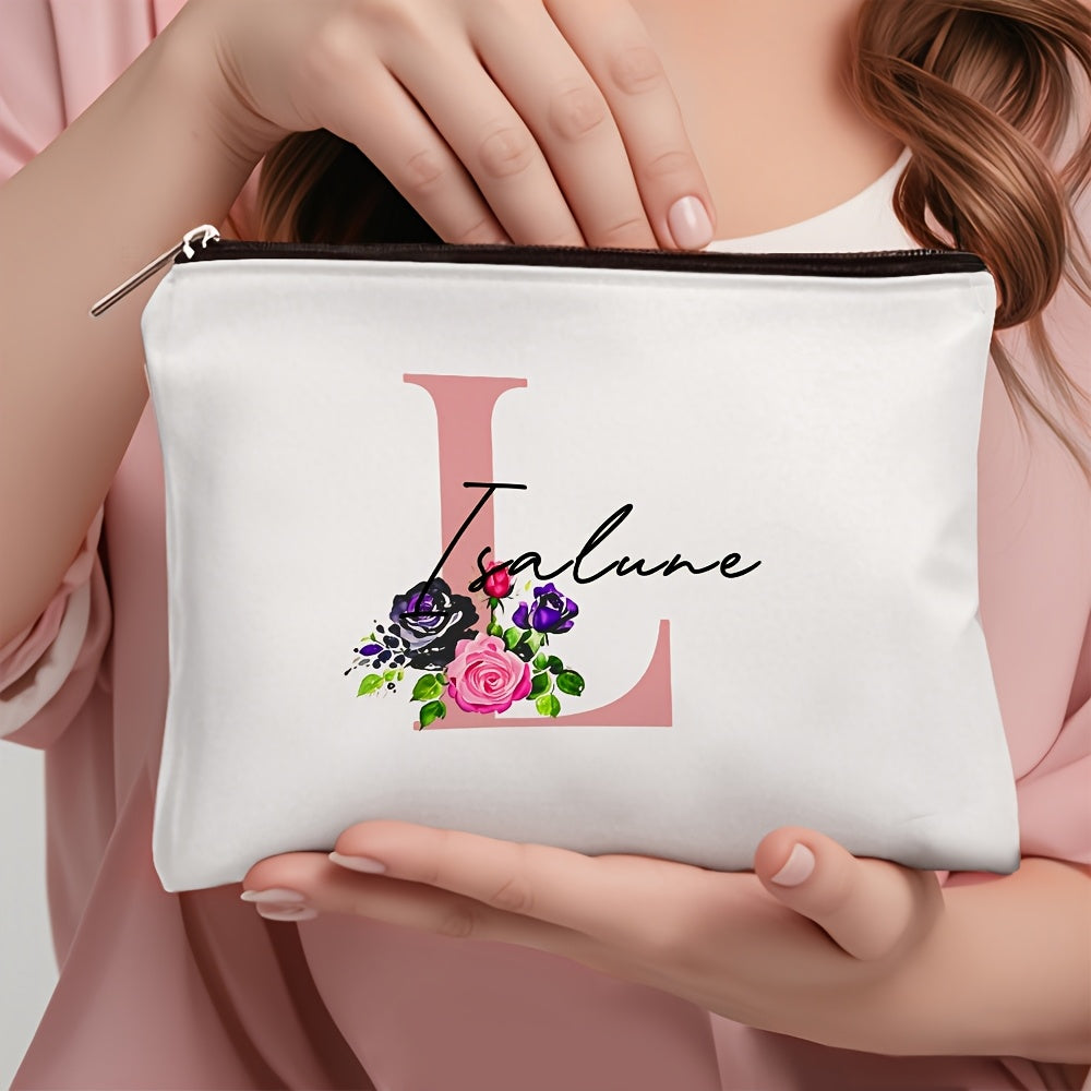 1 personalized cosmetic bag with custom name, versatile for toiletries, makeup, travel essentials, school supplies, and teacher or bachelor party gifts.