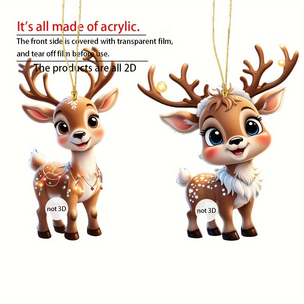 9 cute acrylic hanging ornaments featuring 2D reindeer with lights, ideal for Christmas tree, Halloween, car interiors, and collectible decorations.