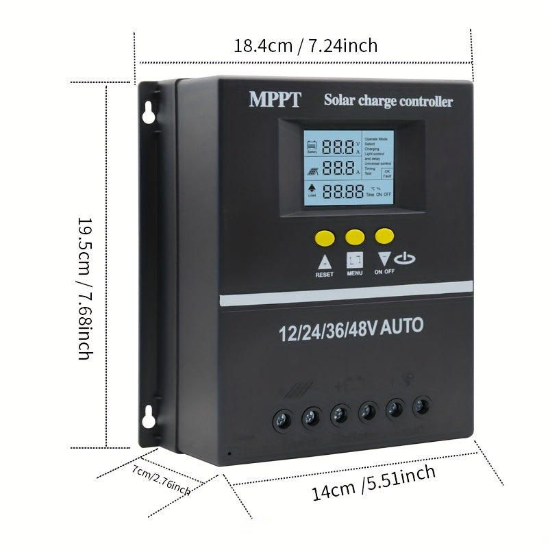 MPPT Solar Charge Controller supports multiple voltage options with LCD display, dual USB output for phone charging, compatible with lead-acid and lithium batteries, and features automatic