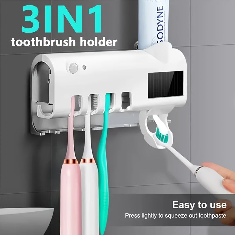 UV Sterilizing Toothbrush Holder with Toothpaste Dispenser, Wall-Mounted, Intelligent Disinfection, Bathroom Accessories, No-Drill Installation.