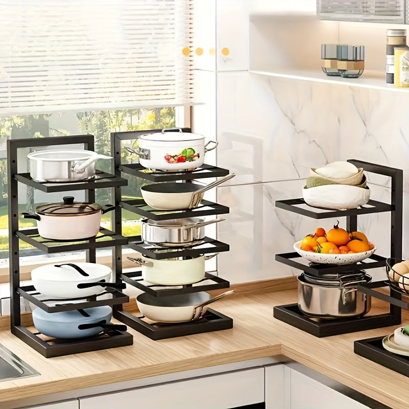 Height adjustable pot racks, stainless steel sink under pot and pan storage, multi-layer cabinet shelves, dining room kitchen storage tables.