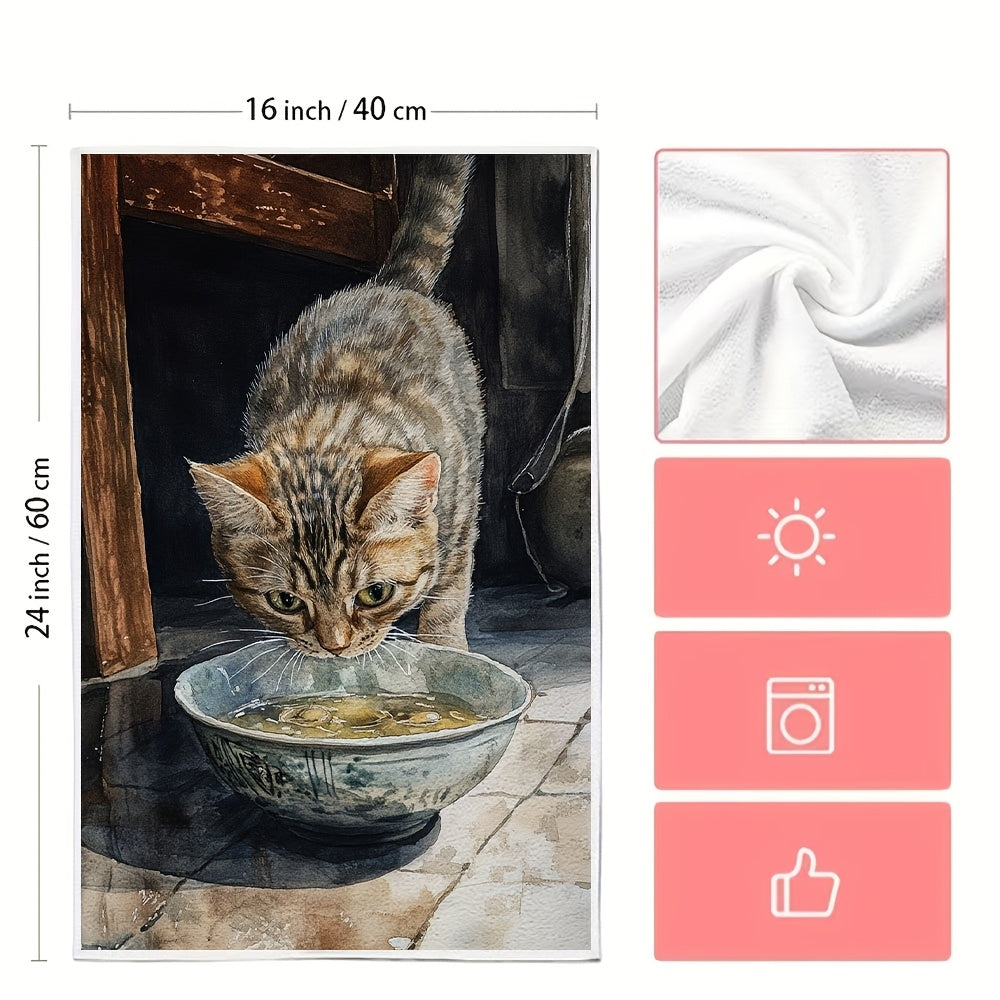 Set of 2 Kitchen Towels with "The Gentle Meow of a Kitten Asking for Food" Design - Super Soft, Quick-Drying & Easy to Clean Dish Hand Towels, Modern 40.64x60.96 cm Size, Ideal for Festive Decor, Must-Have Kitchen Accessories