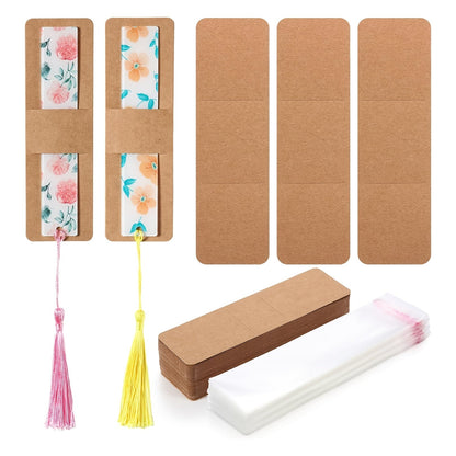 Set of 200 Kraft Paper Bookmark Clips with Transparent Self Adhesive Bags, DIY Blank Bookmark Display Card Covers, Fashionable Wood Jewelry Making Tools.