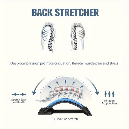 Multi-level back pain relief device with adjustable settings and massager for upper and lower back pain, suitable for use in bed, chair, and car.