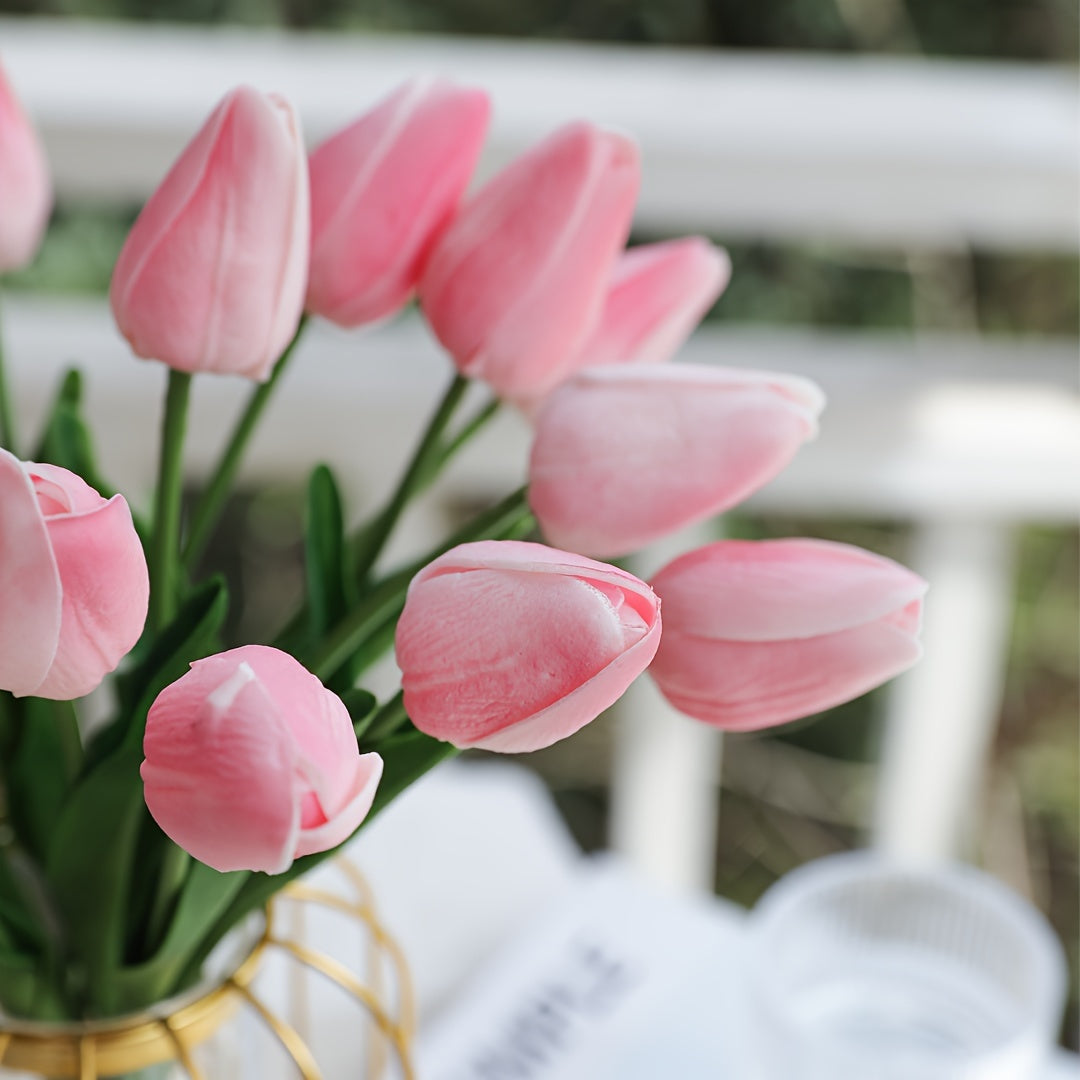 Artificial tulip flowers in 9, 18, or 27 piece sets for home or office decor, weddings, parties, and gifts.