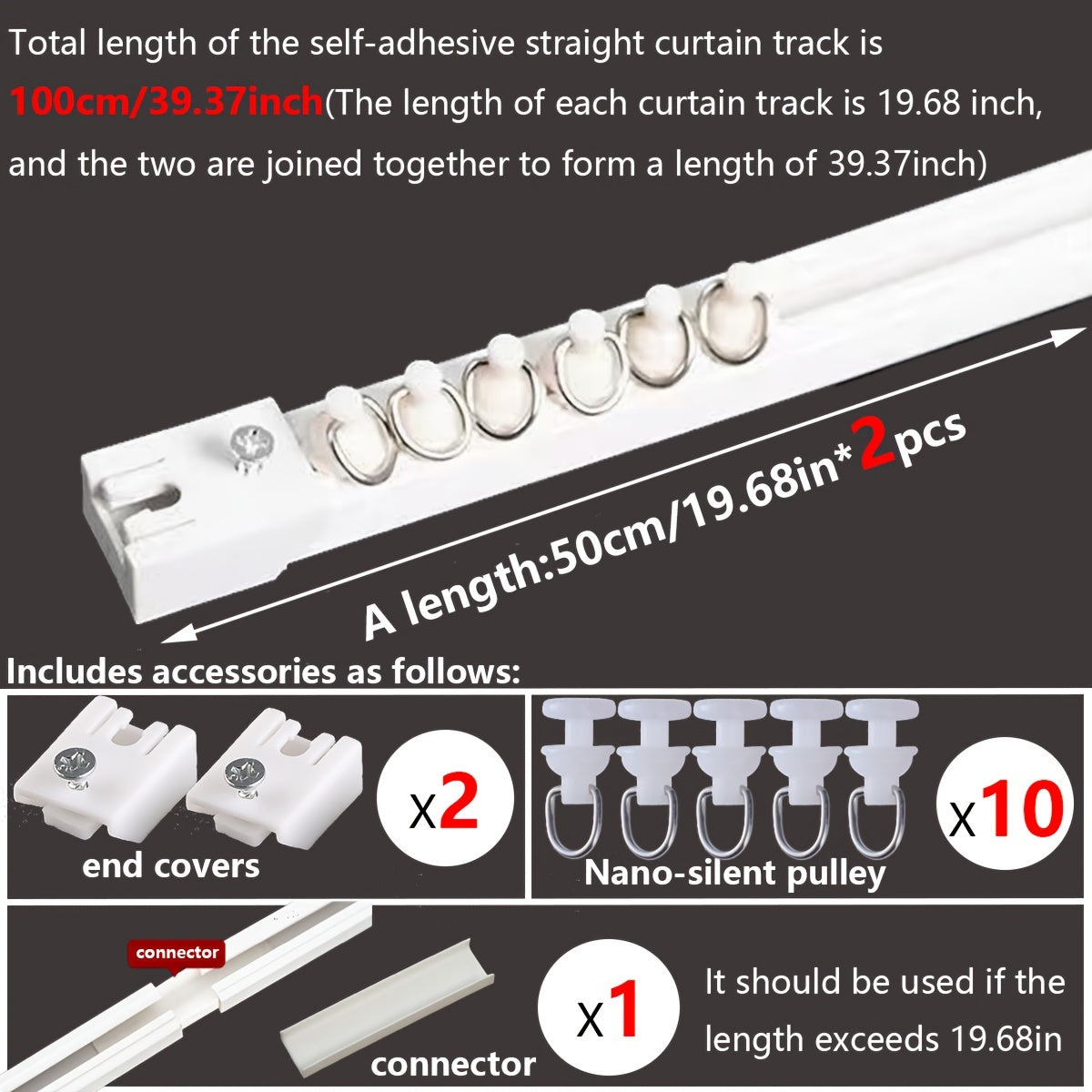 Drill-free curtain track with strong adhesive and silent sliding for bathrooms and dorms.