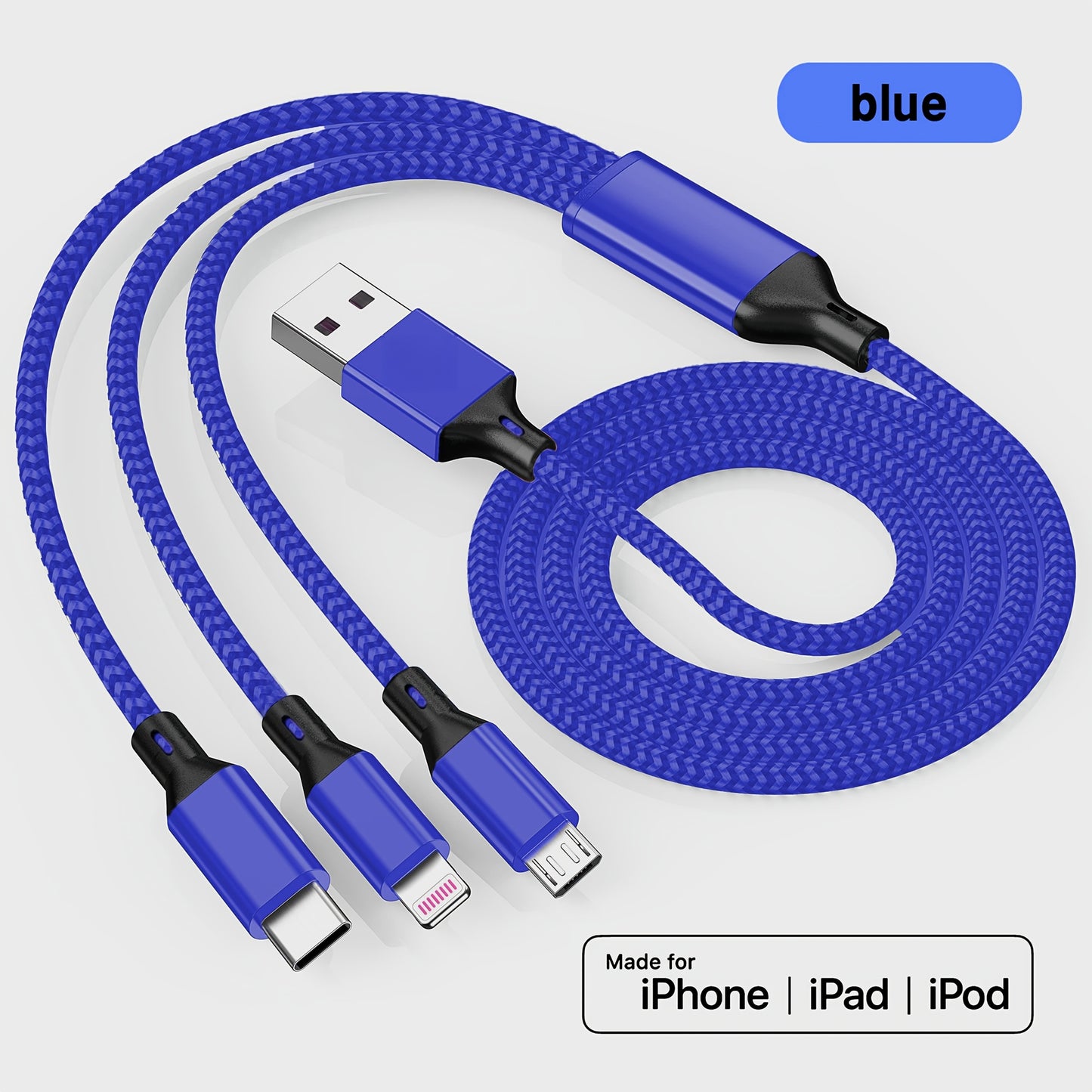 Fast charging USB cable compatible with iPhone, Samsung, Type-C, Micro USB devices and various Android smartphones.