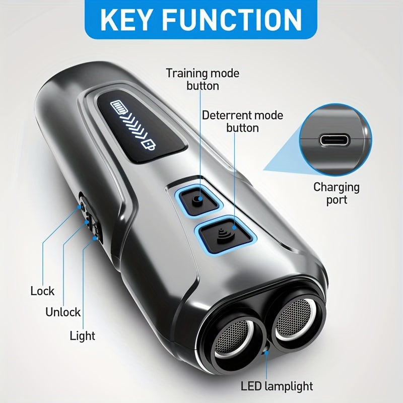 Powerful dog repeller with LED flashlight, rechargeable via USB for effective bark control.