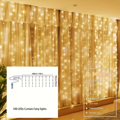 1pc Fairy Lights Curtain with 8 Modes Timer Remote, USB Lamps for Bedroom, Backdrop, Wedding, Party, Eid Al-Adha Mubarak.