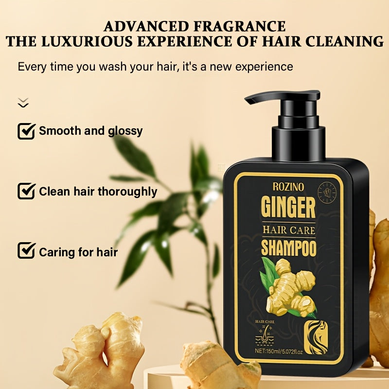 A 150ml ginger shampoo infused with hair care ingredients has a potent scent to moisturize, hydrate, and cleanse hair, leaving it soft and nourished.