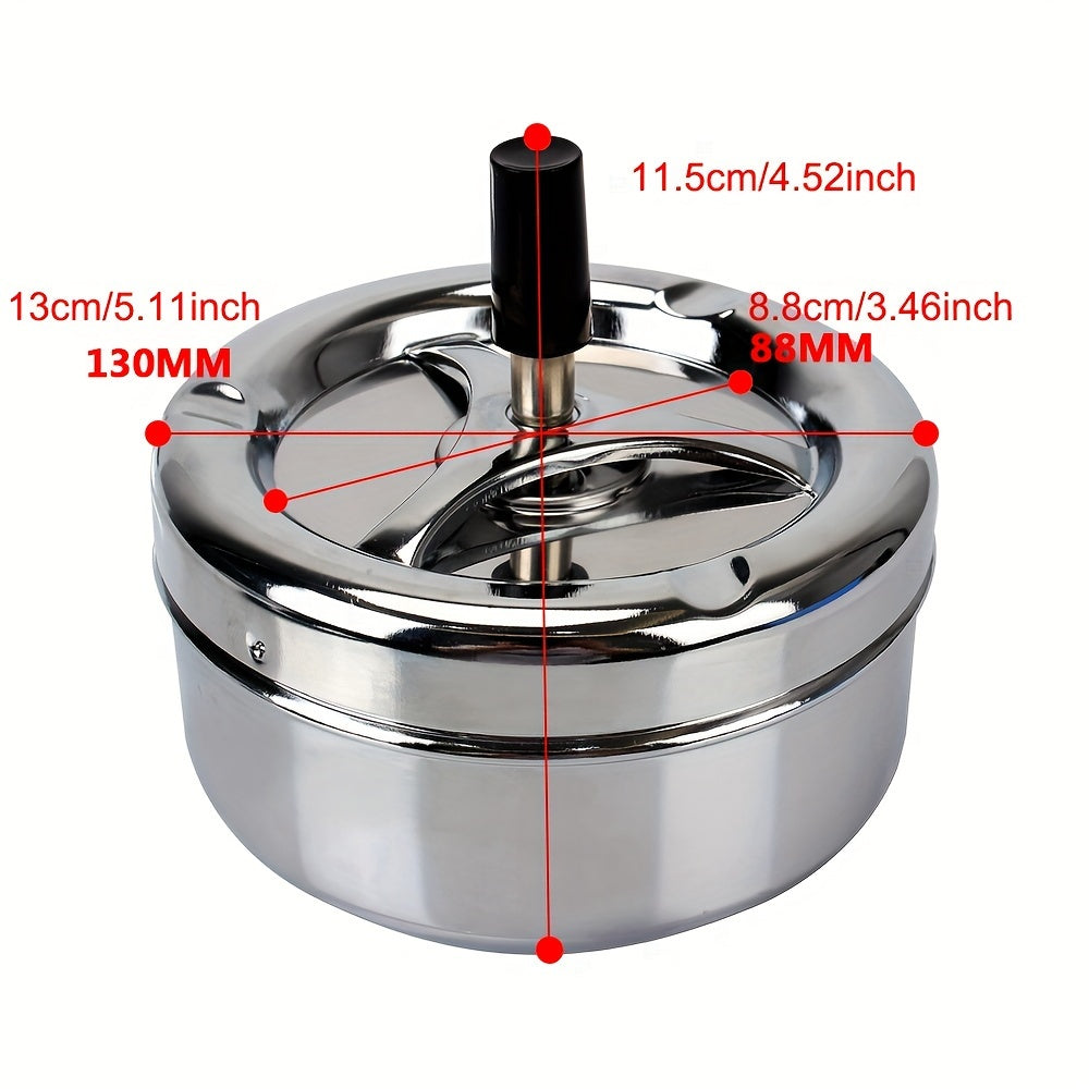 Durable stainless steel ashtray with rotating lid for home, office, hotel.