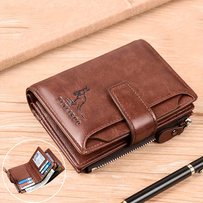 Men's PU leather wallet with RFID blocking, zipper closure, coin purse, and durable polyester interior.