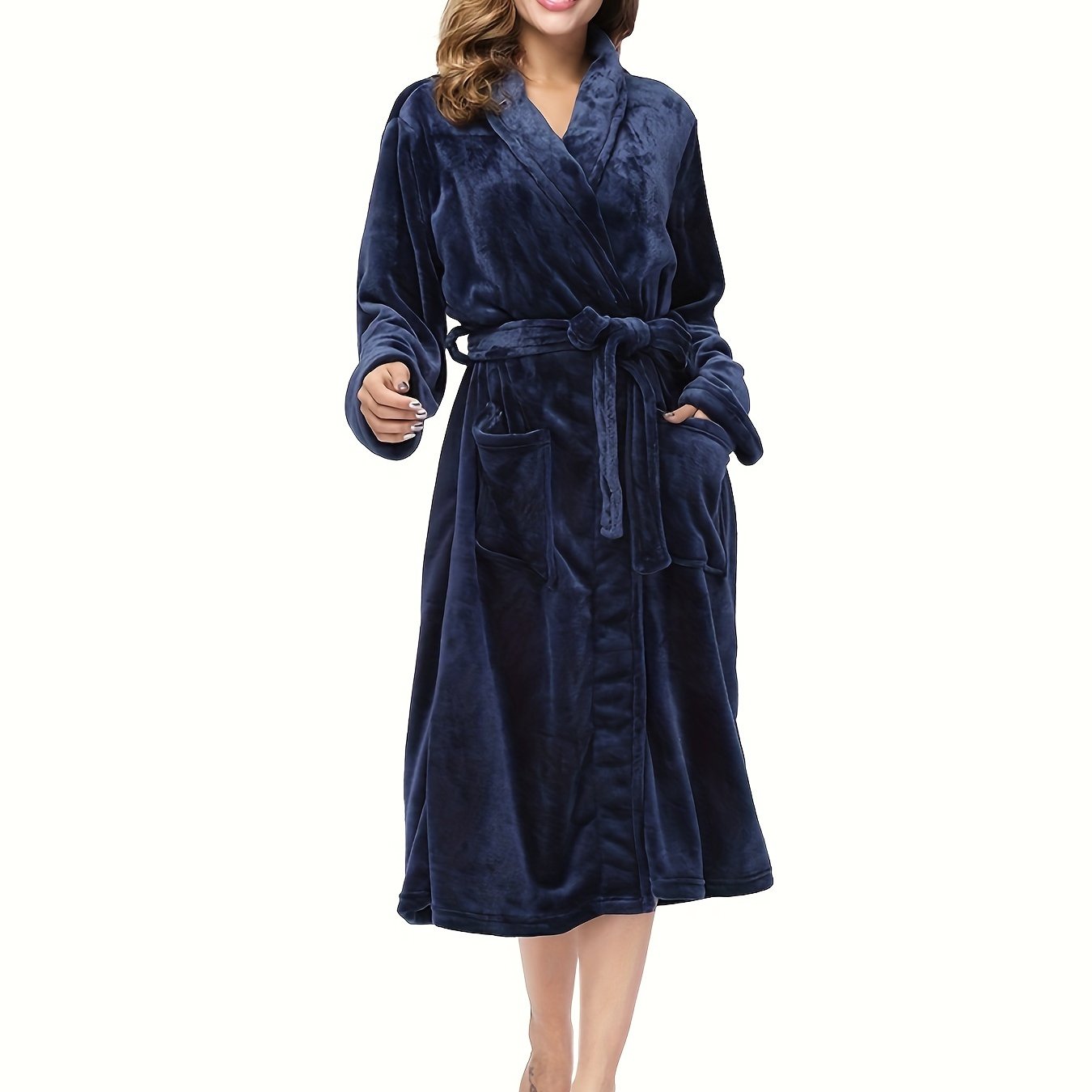 Colorblock fuzzy night robe, cozy and warm with long sleeves, lapel collar, belt, and designed for women's sleepwear.