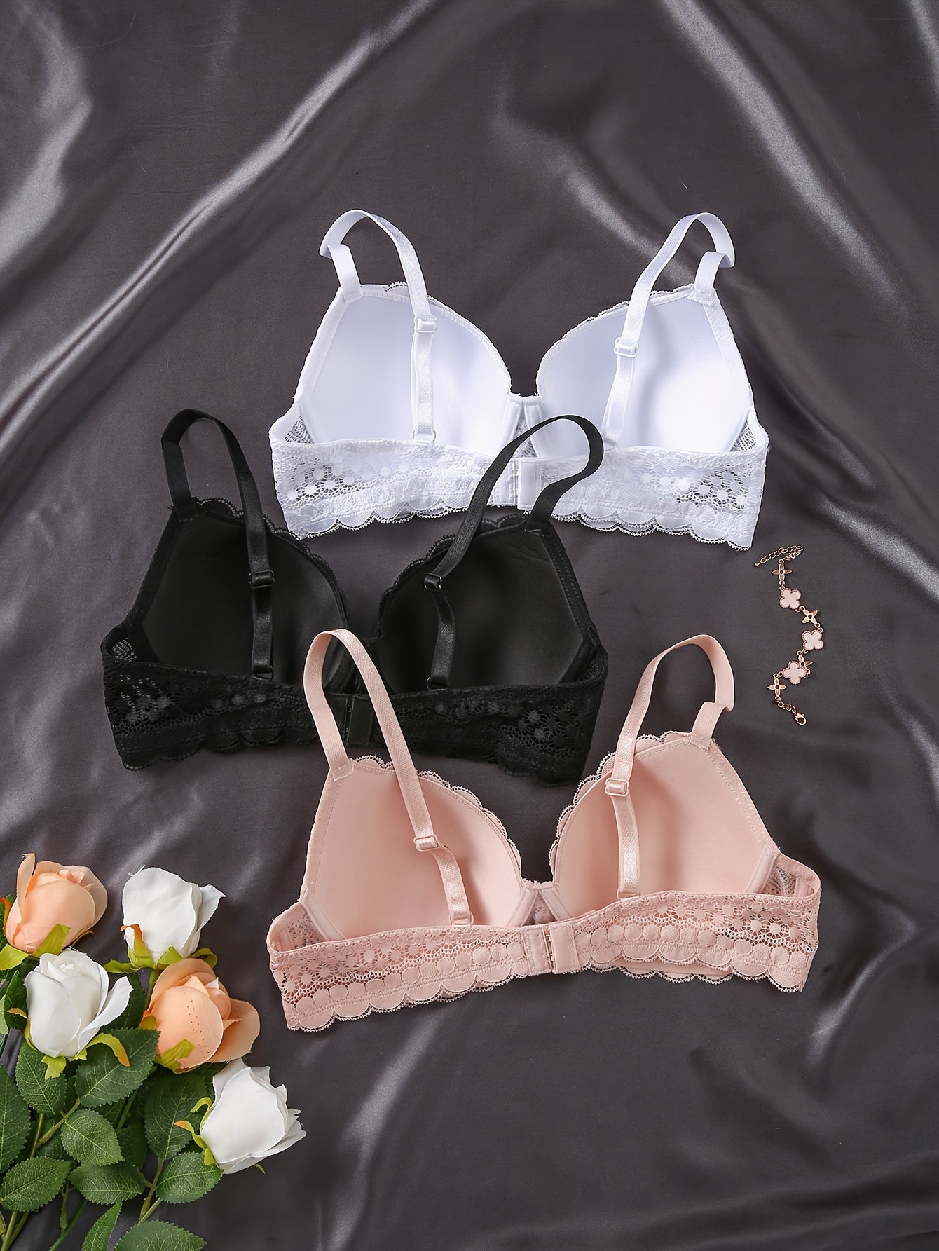 3 solid lace underwire bras for women, sexy push-up and comfortable, in lingerie & underwear.