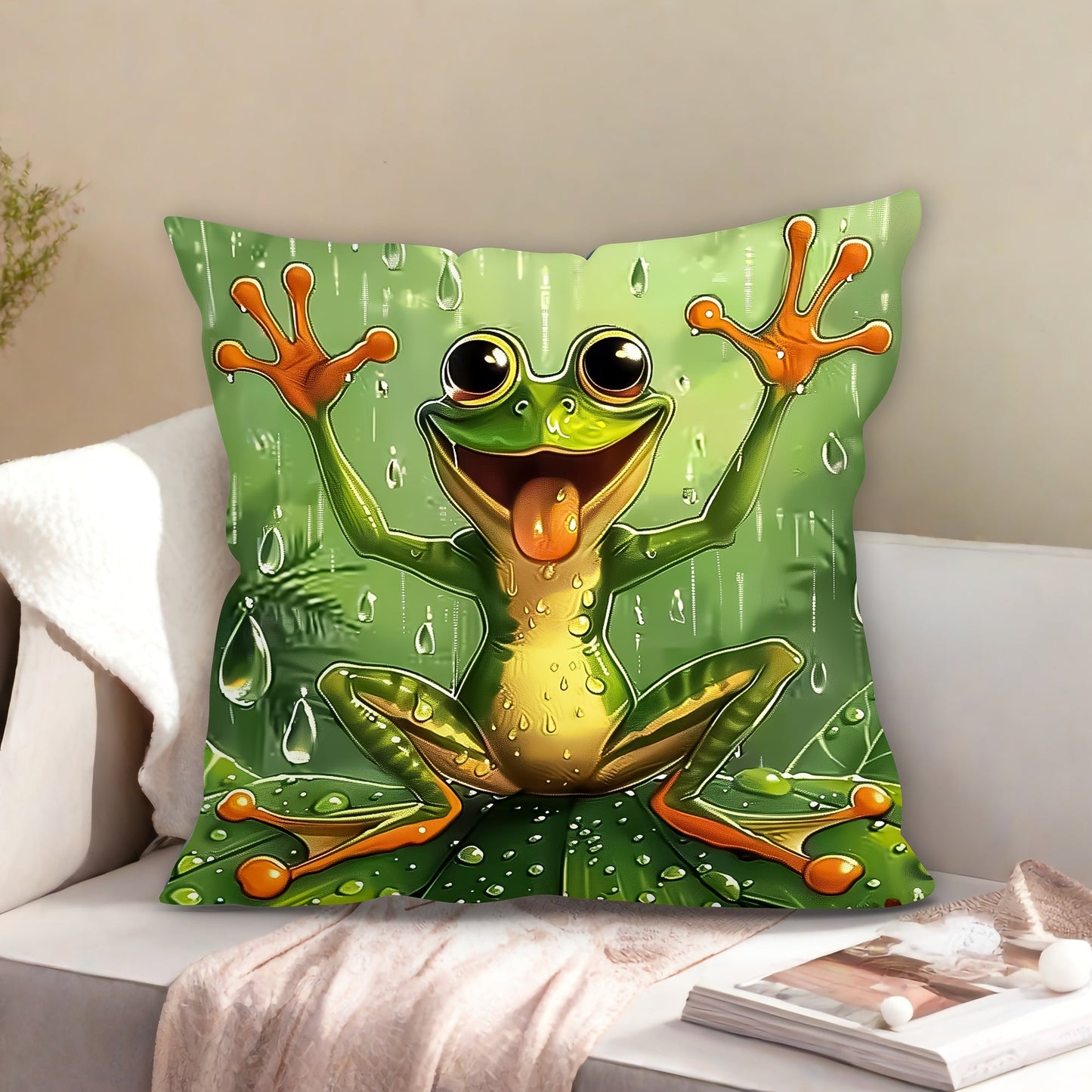 Modern Frog design Plush Throw Pillow Cover, made of soft Polyester with Zipper Closure for easy washing. This Decorative Pillowcase is suitable for use in Home, Office, or Car. The size is 44.96cm x 44.96cm with a Single Sided Print design (1pc