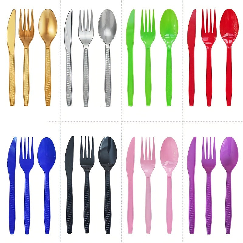 Set of 3 colored disposable plastic tableware pieces for weddings, birthday parties, and cake servings. Includes knives, forks, and spoons (30 pieces total).