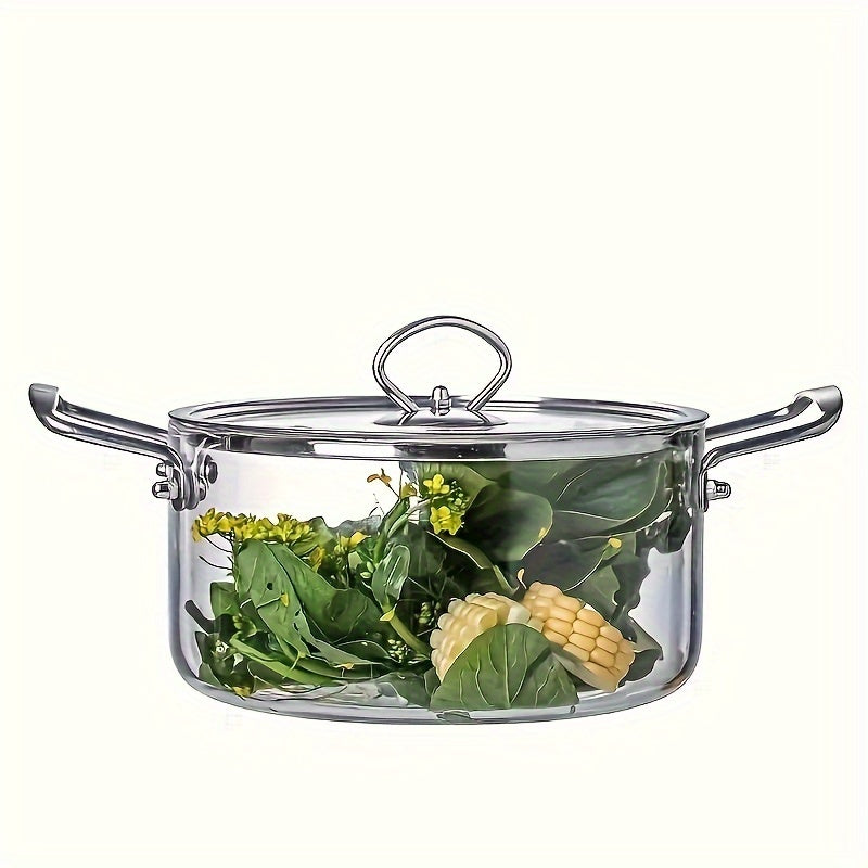 One piece of large-capacity high-boron-silicon glass soup pot with double ears and lid, featuring a stainless steel handle. Suitable for use on household electric ceramic stoves for heating and cooking various dishes such as noodles and stews.