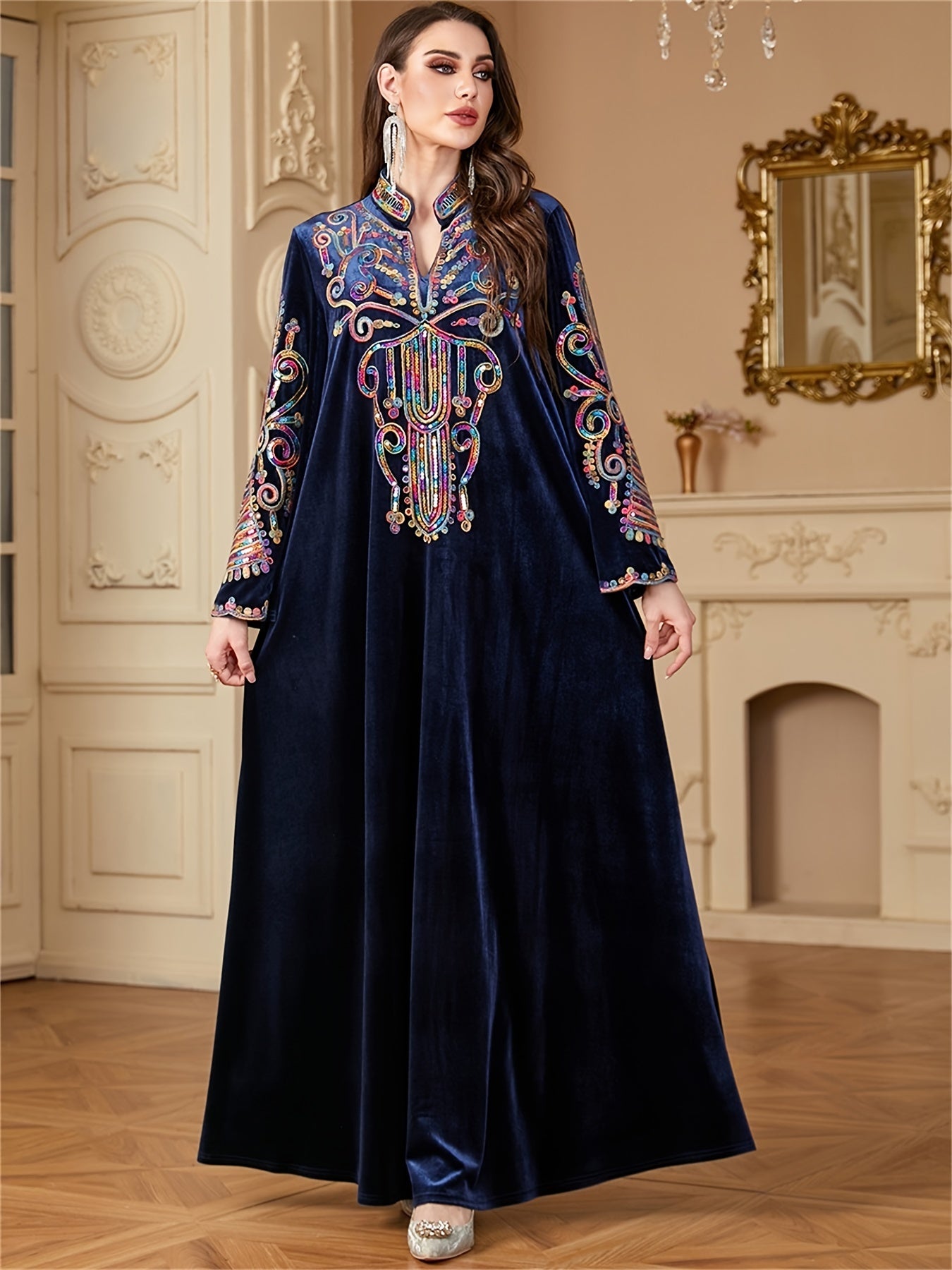 Stylish Sequin Abaya - Long Sleeve Velvet Dress with Floral Patterns, Dark Blue, Maxi Length, Ideal for Ramadan and Formal Events