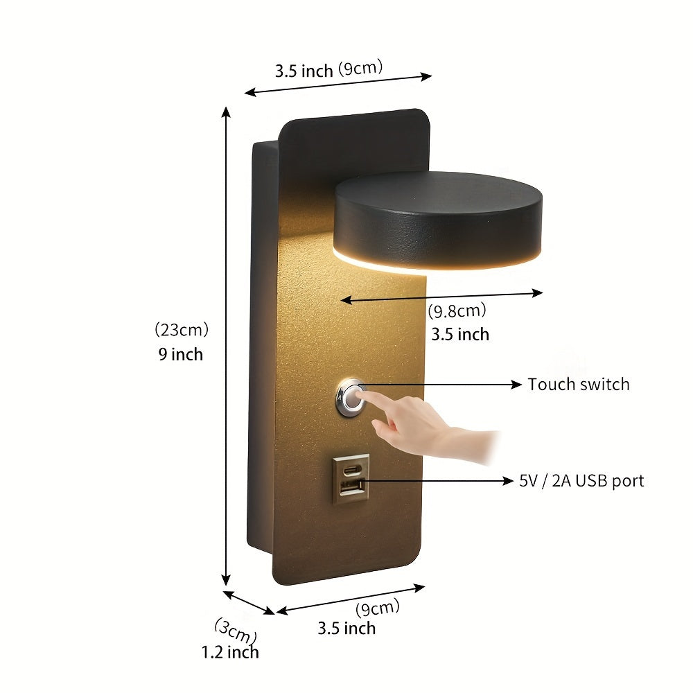 Wall-mounted reading lamp with dimming switch, 350° rotatable, USB port, touchable dimming 9W.