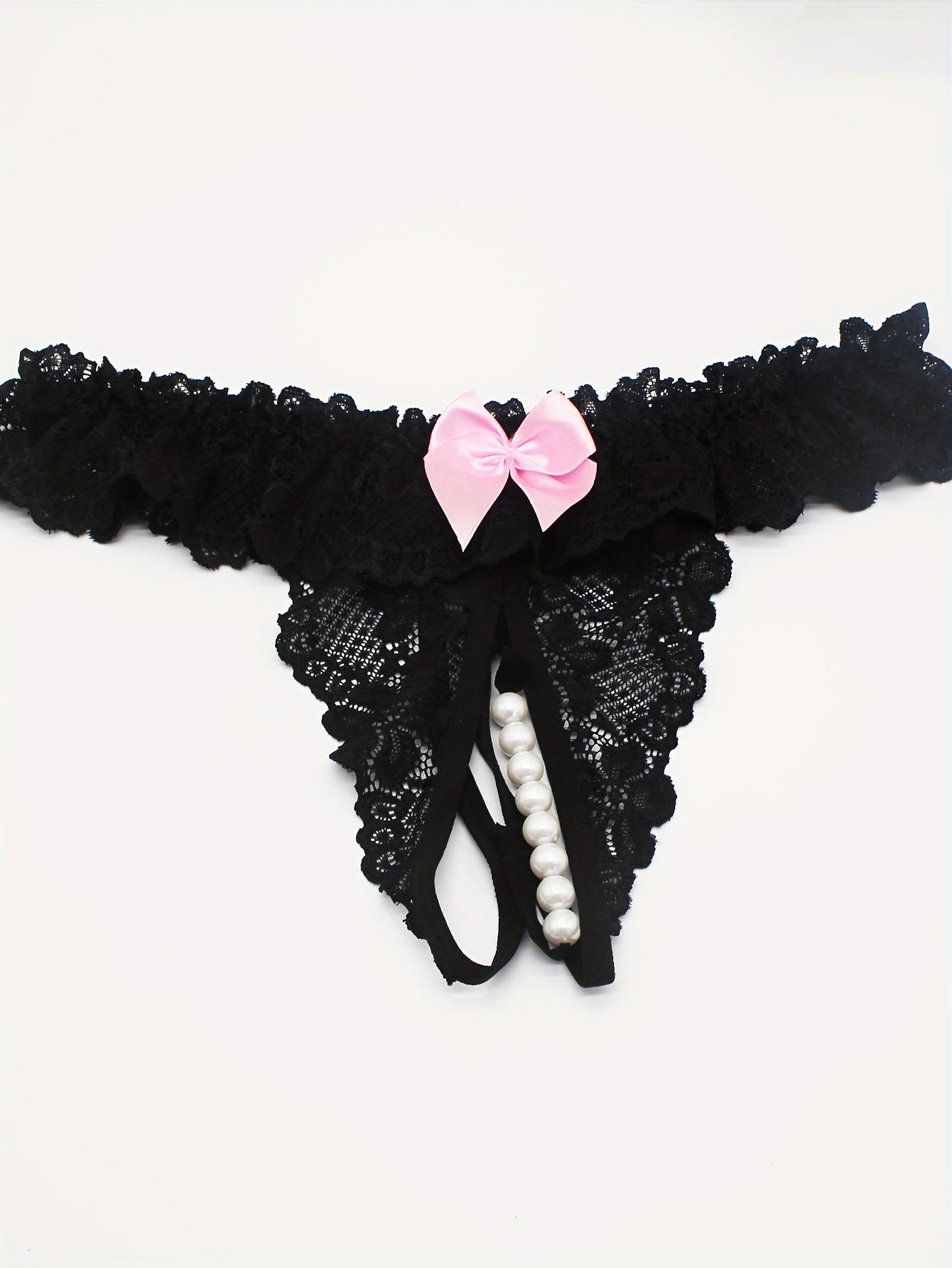 Women's sexy lingerie featuring floral lace bow thongs, open crotch faux pearl panties.