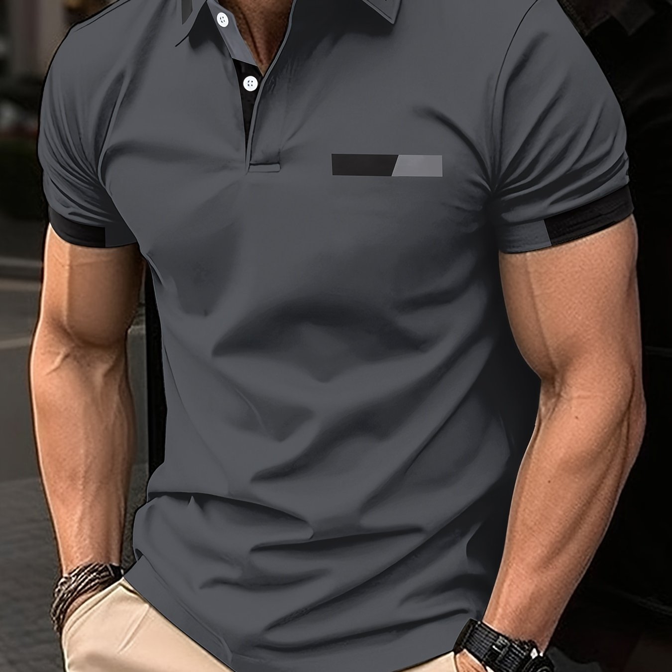 Men's short sleeve shirt with chest print, buttoned turnover collar, and thin summer style.