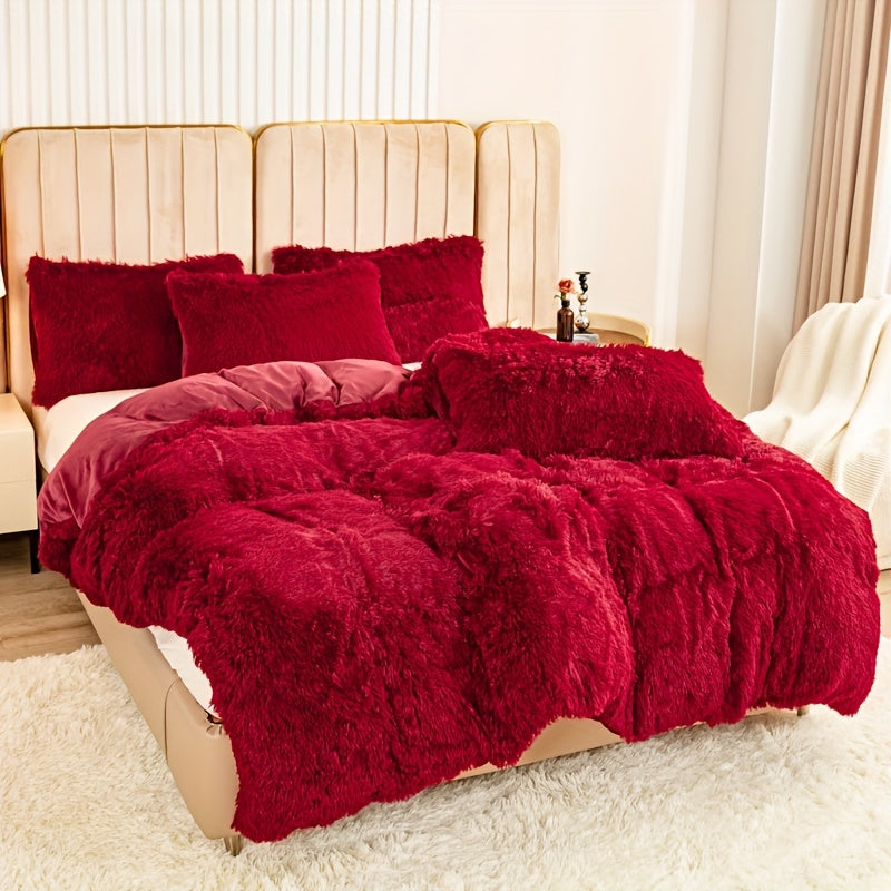 Polyester bedding set includes a duvet cover and two pillowcases in various colors. Does not include pillow core.