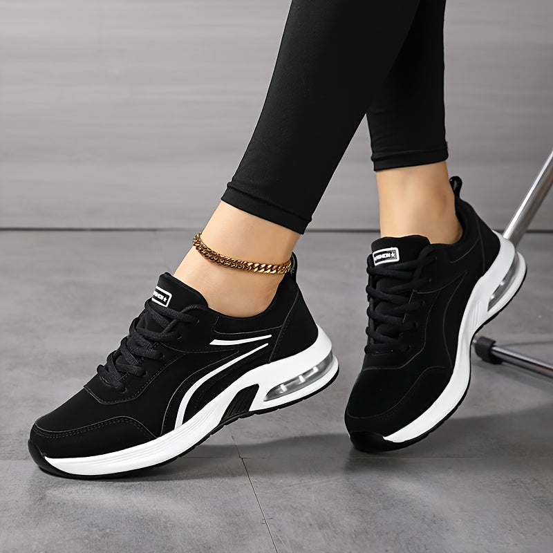 Women's fashion sneakers with non-slip waterproof sole, lace-up design, microfiber upper, and PU sole.