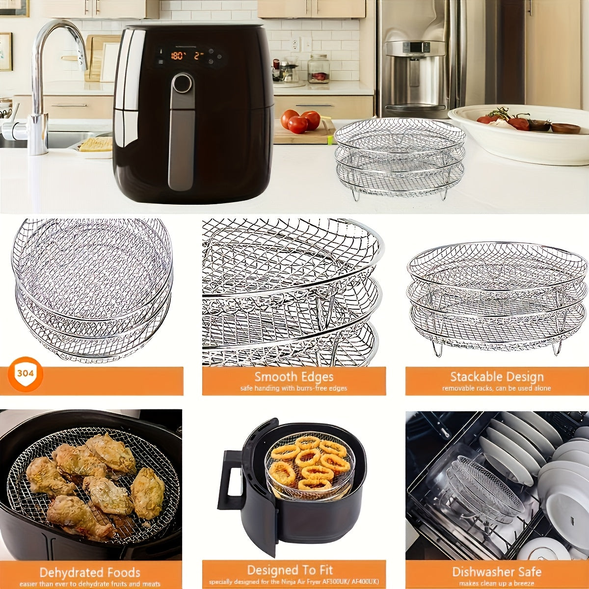 Stackable Dehydrator Racks and Basket Tray for Air Fryer - Includes Three Layers, Dishwasher Safe Accessories, Compatible with Most Air Fryers, Oven, and Pressure Cookers